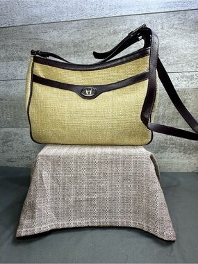 VTG Etienne Aigner Light Tan Woven Fabric & Brown Leather Shoulder Bag Purse
